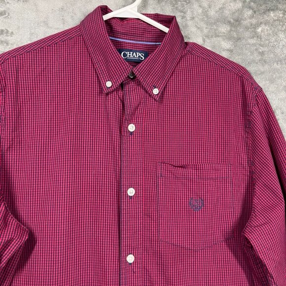 Chaps Long Sleeve Shirt Mens Medium Burgundy Red Checkered Stretch Easy Care - Picture 3 of 10